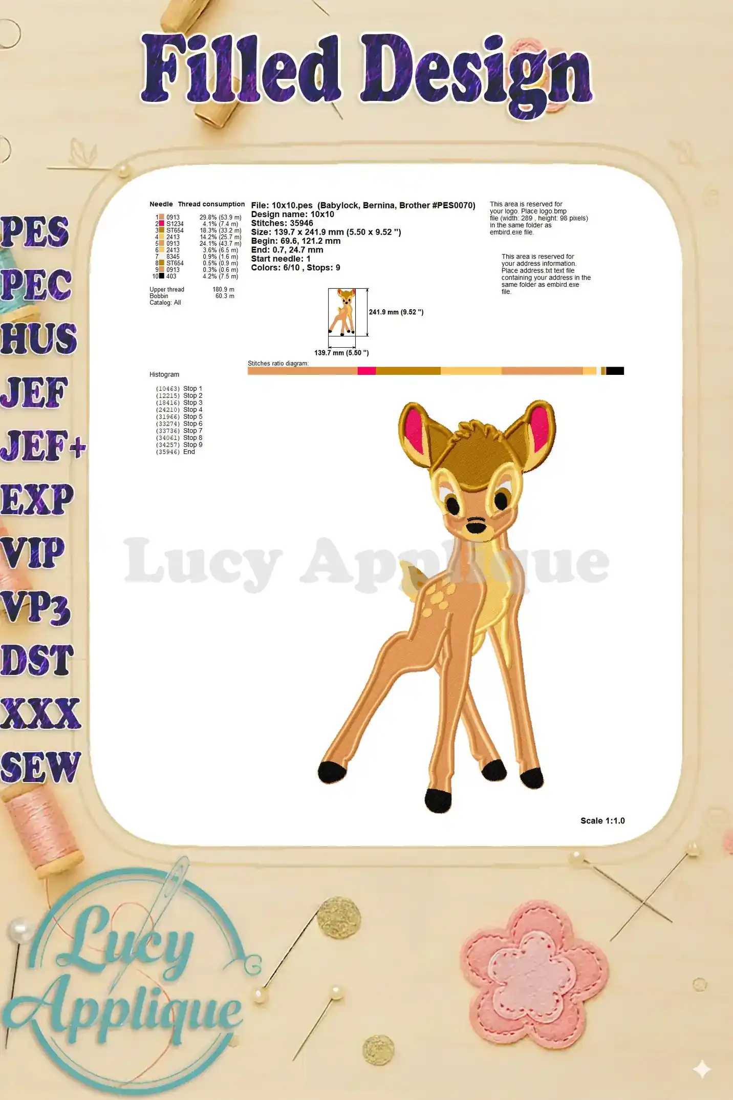 Needle and thread consumption chart for the Bambi embroidery design, providing essential information for project preparation. Scale is 1:1.0