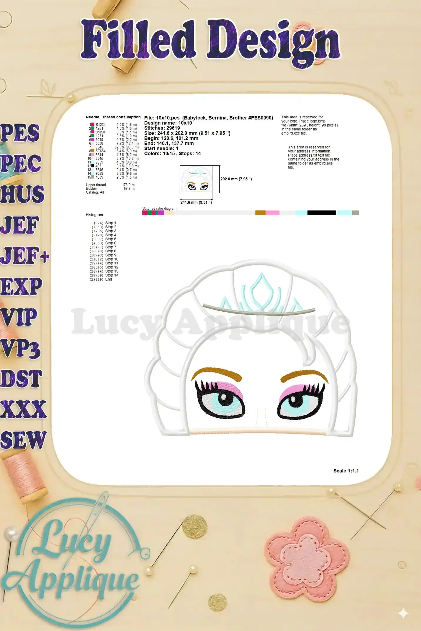A filled design image showing the completed Elsa head applique embroidery design, with needle details, stitch count, and size specifications.