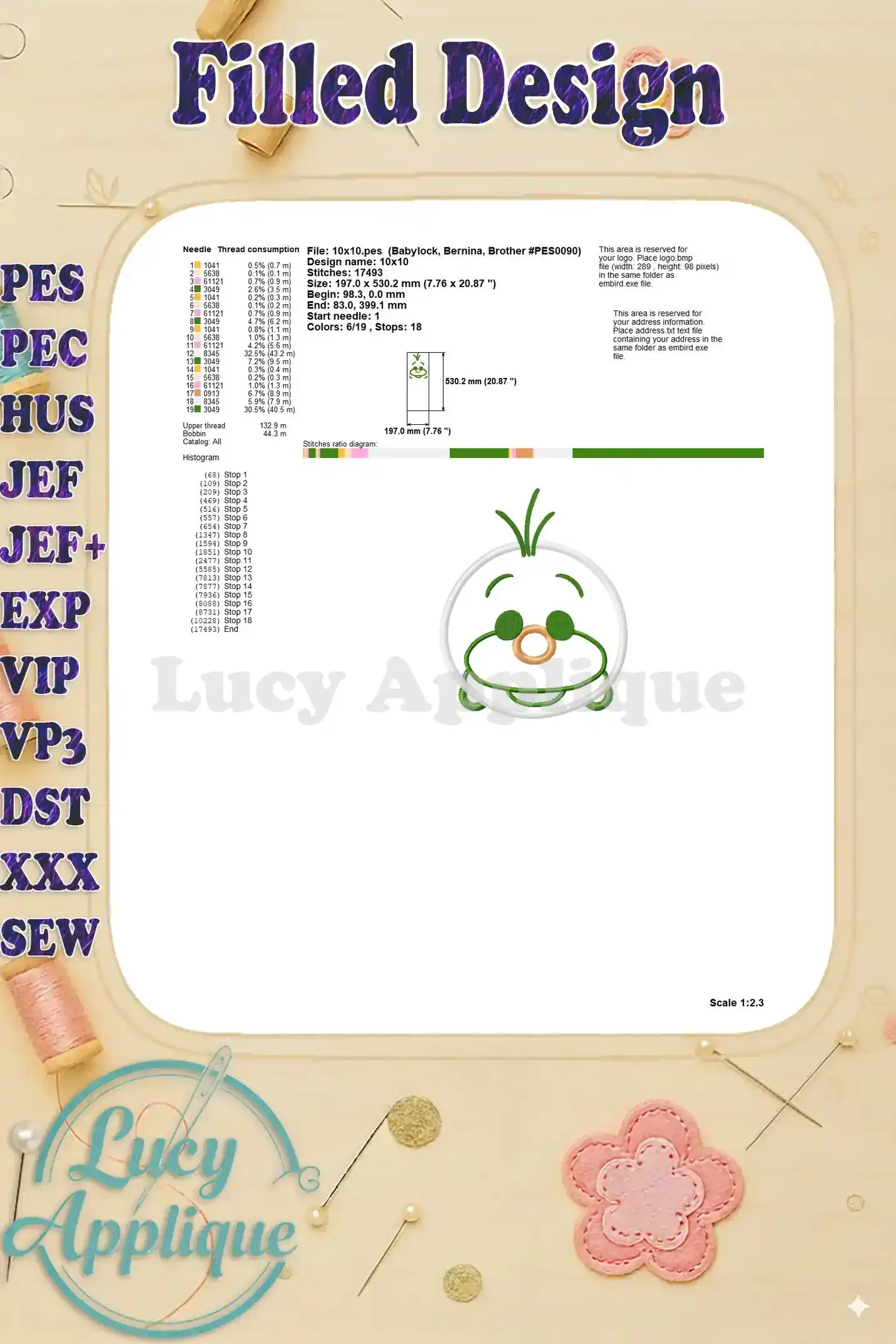 Detailed filled design chart for the Tsum Tsum Olaf applique embroidery design. Shows placement and color for each section.