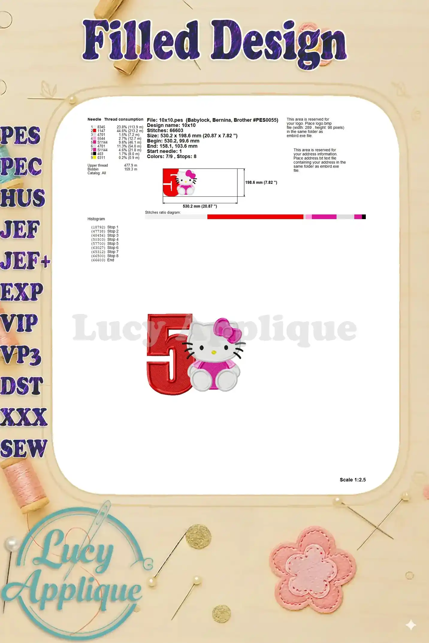 Detailed information about the Hello Kitty 5th birthday embroidery design, including needle and thread specifications, and stitch diagram.