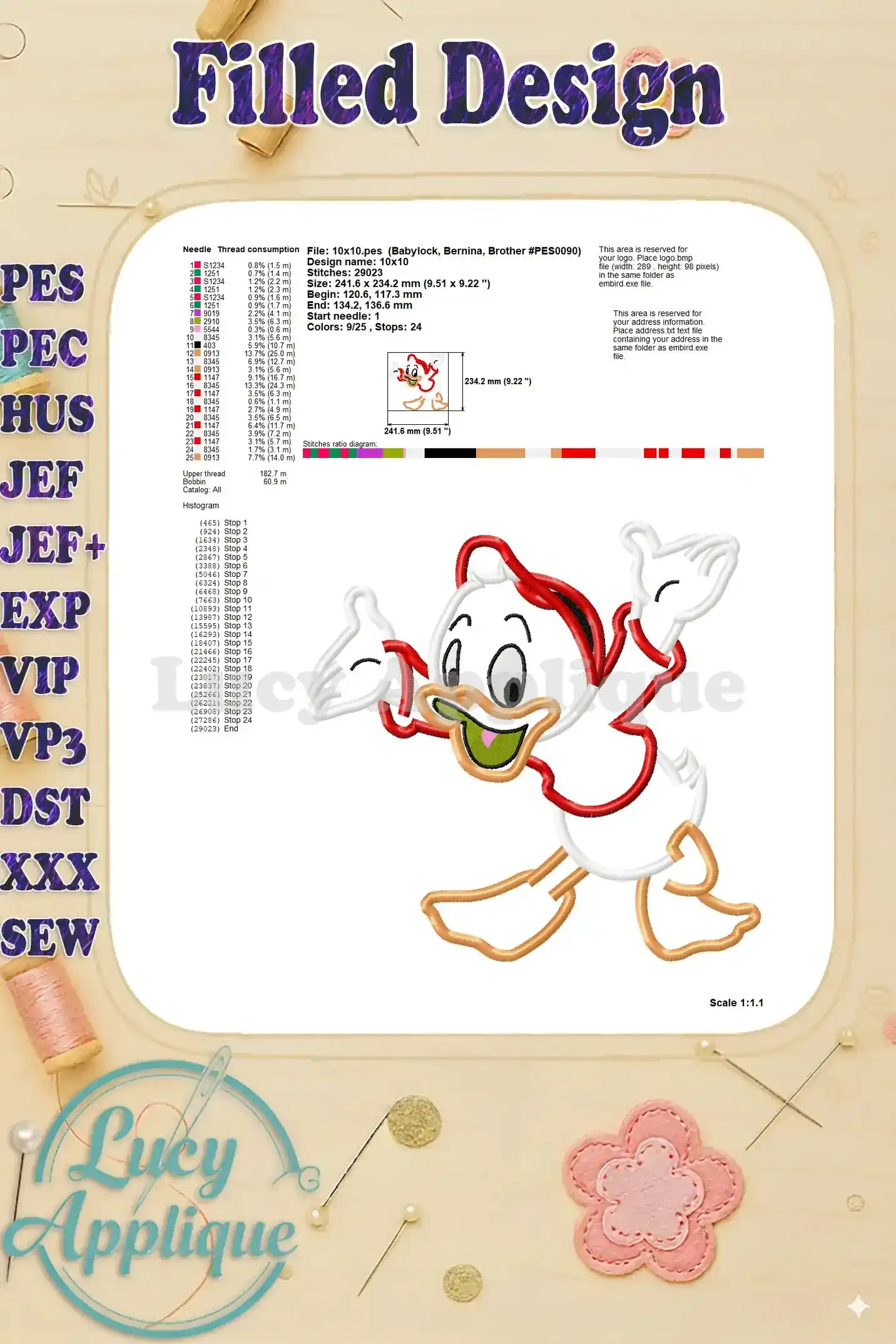 Detailed filled design showing the completed Huey, Dewey, and Louie applique embroidery with thread consumption and design specifications.