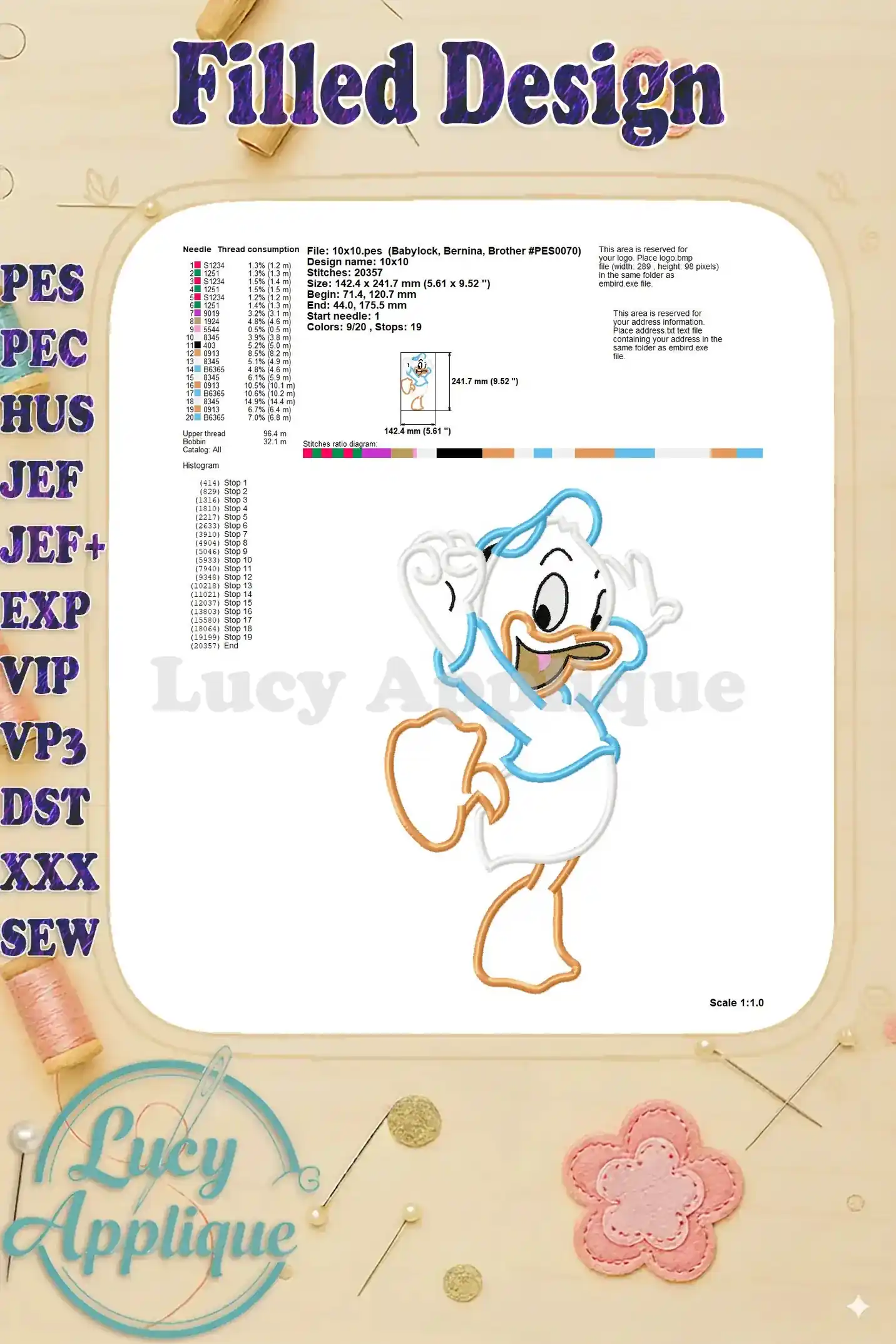 A filled design illustration of Huey Duck with thread consumption details, stitch count, and design dimensions. Useful for planning your project.