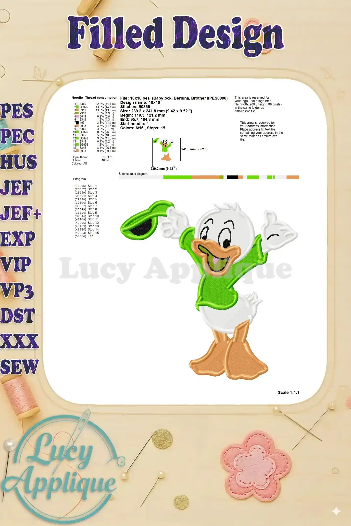 A detailed technical specification sheet for the Huey, Dewey, and Louie filled embroidery design, including stitch count, fabric size, thread consumption, and needle specifications.