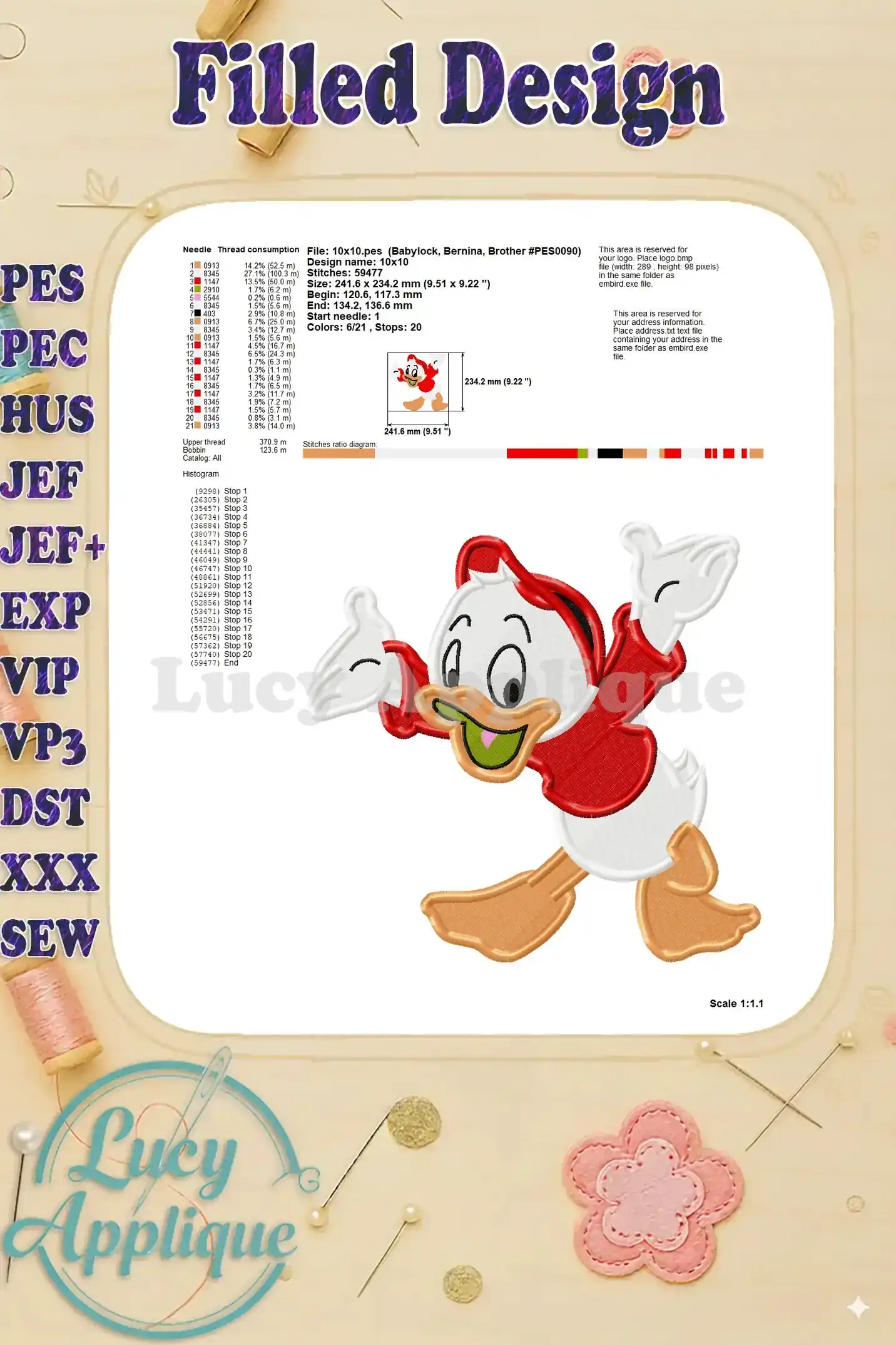 Needle and thread consumption chart for the Huey embroidery design, providing essential information for the embroidery process.