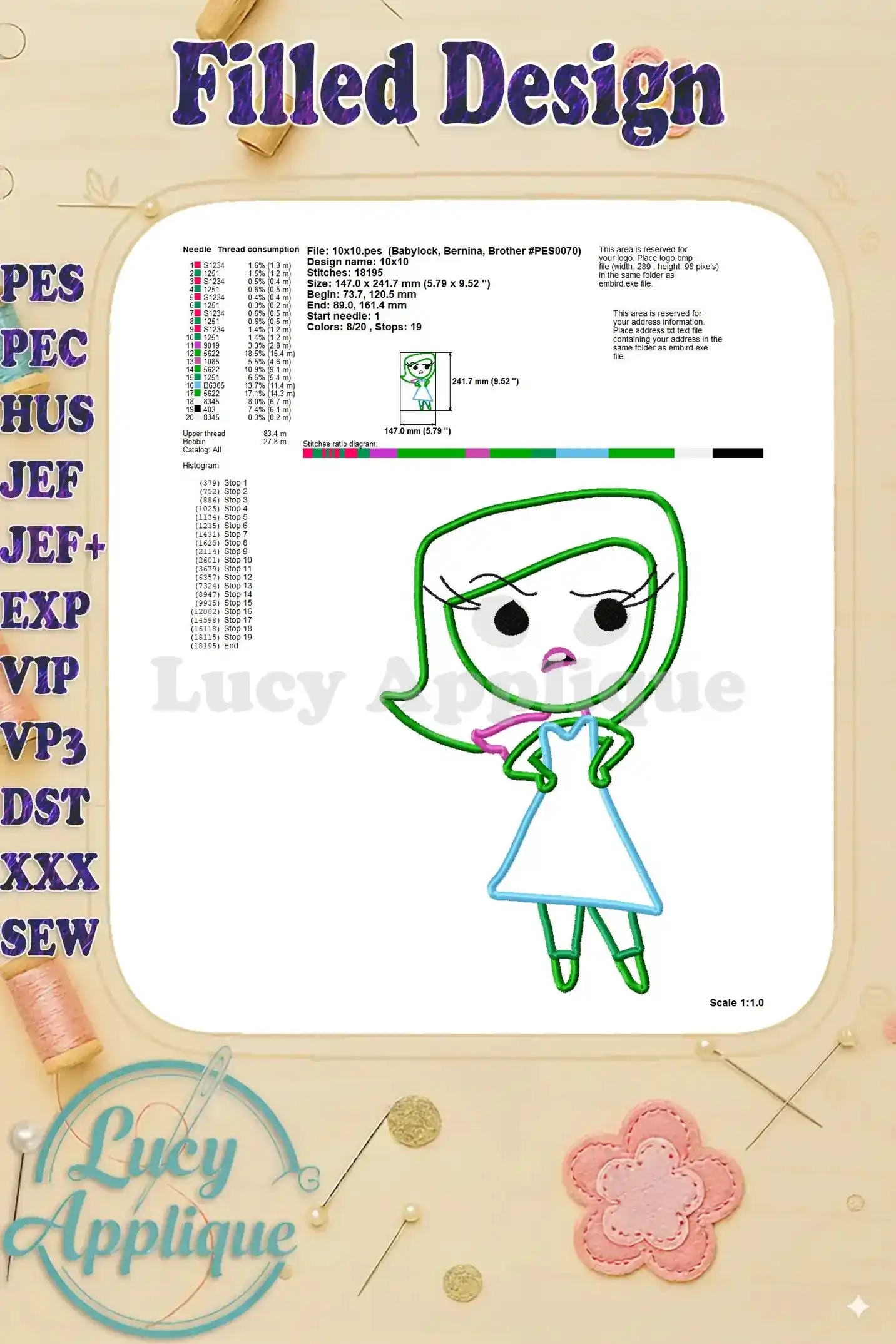 Detailed information on the filled design, including thread consumption, stitch count, and machine settings for different embroidery machines.