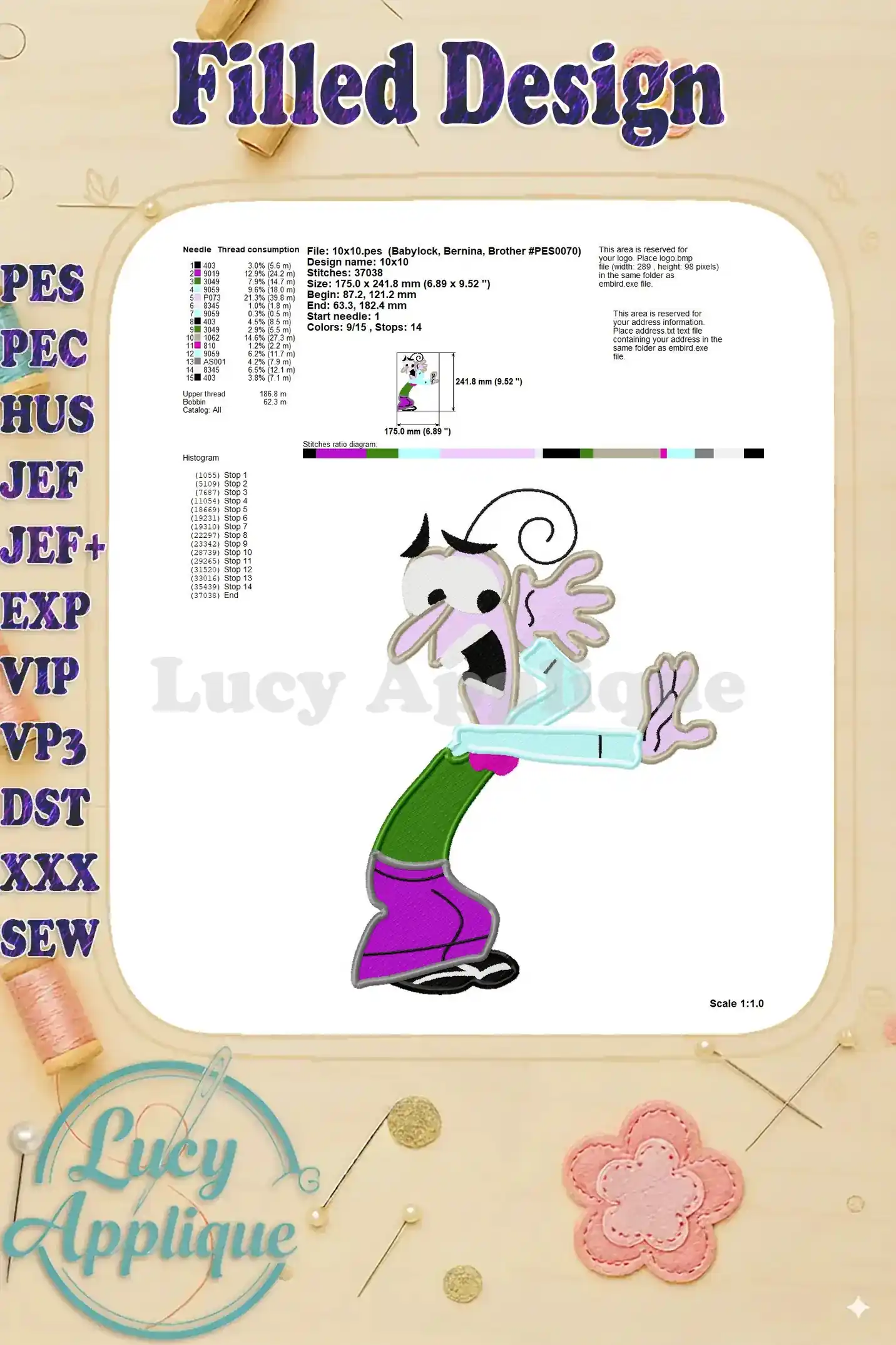 Detailed information about the Fear embroidery design, including needle consumption, design size, stitch details, and software compatibility. Useful for design preparation.