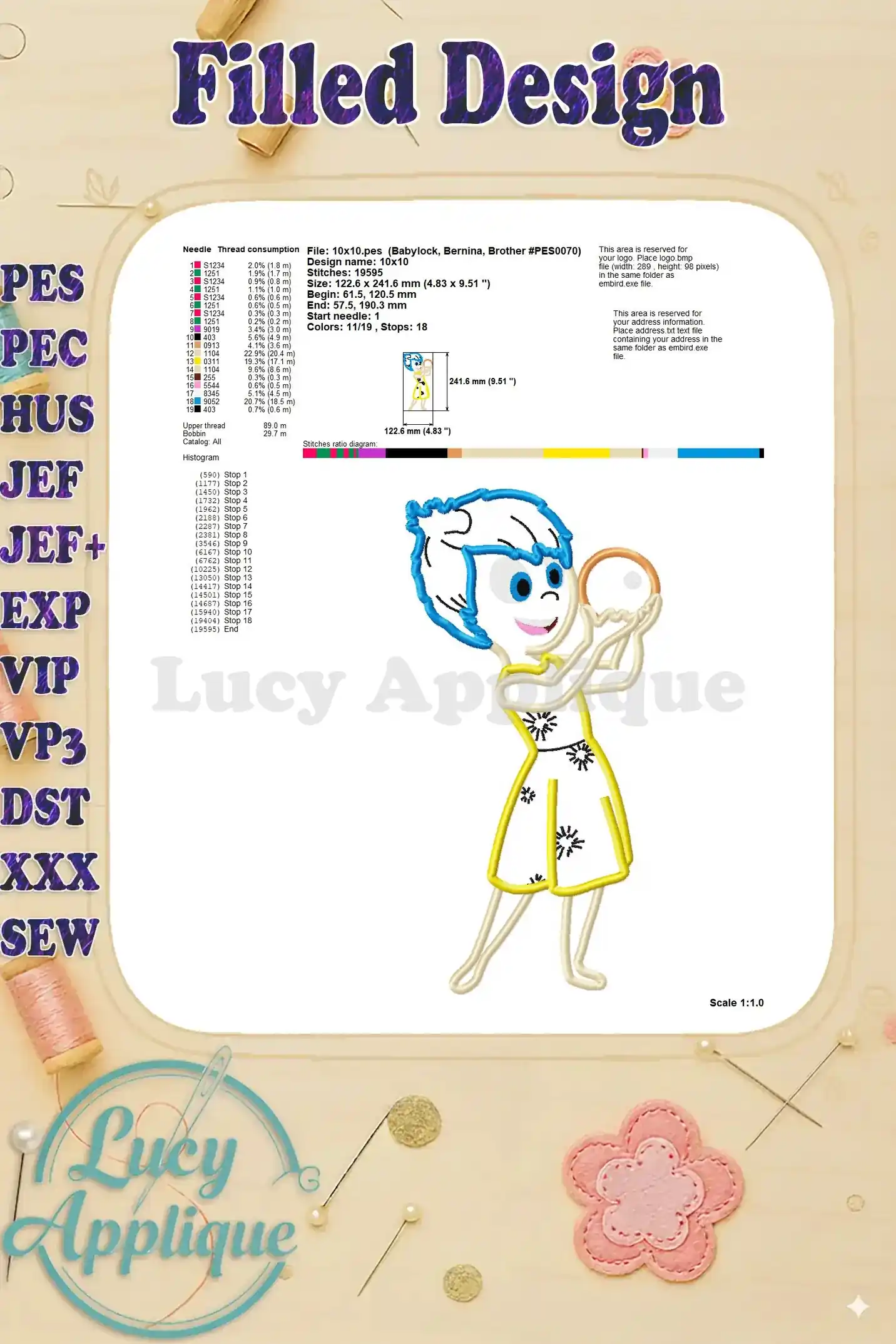 Filled design section with needle thread consumption, design size, and stitch diagram for Joy Inside Out applique embroidery design.