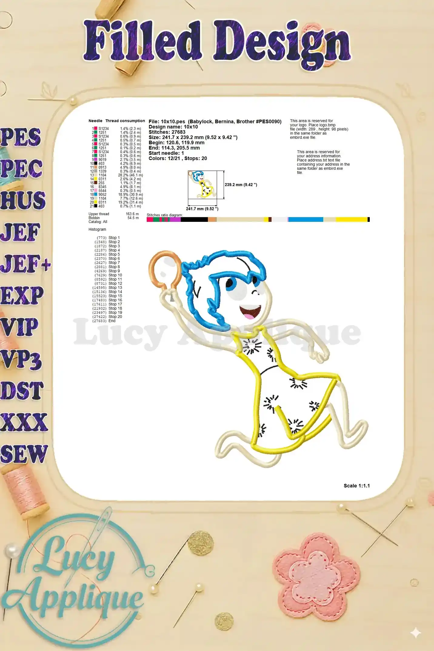 Detailed information on the filled design, including thread consumption, stitch count, and other technical specifications for the embroidery.