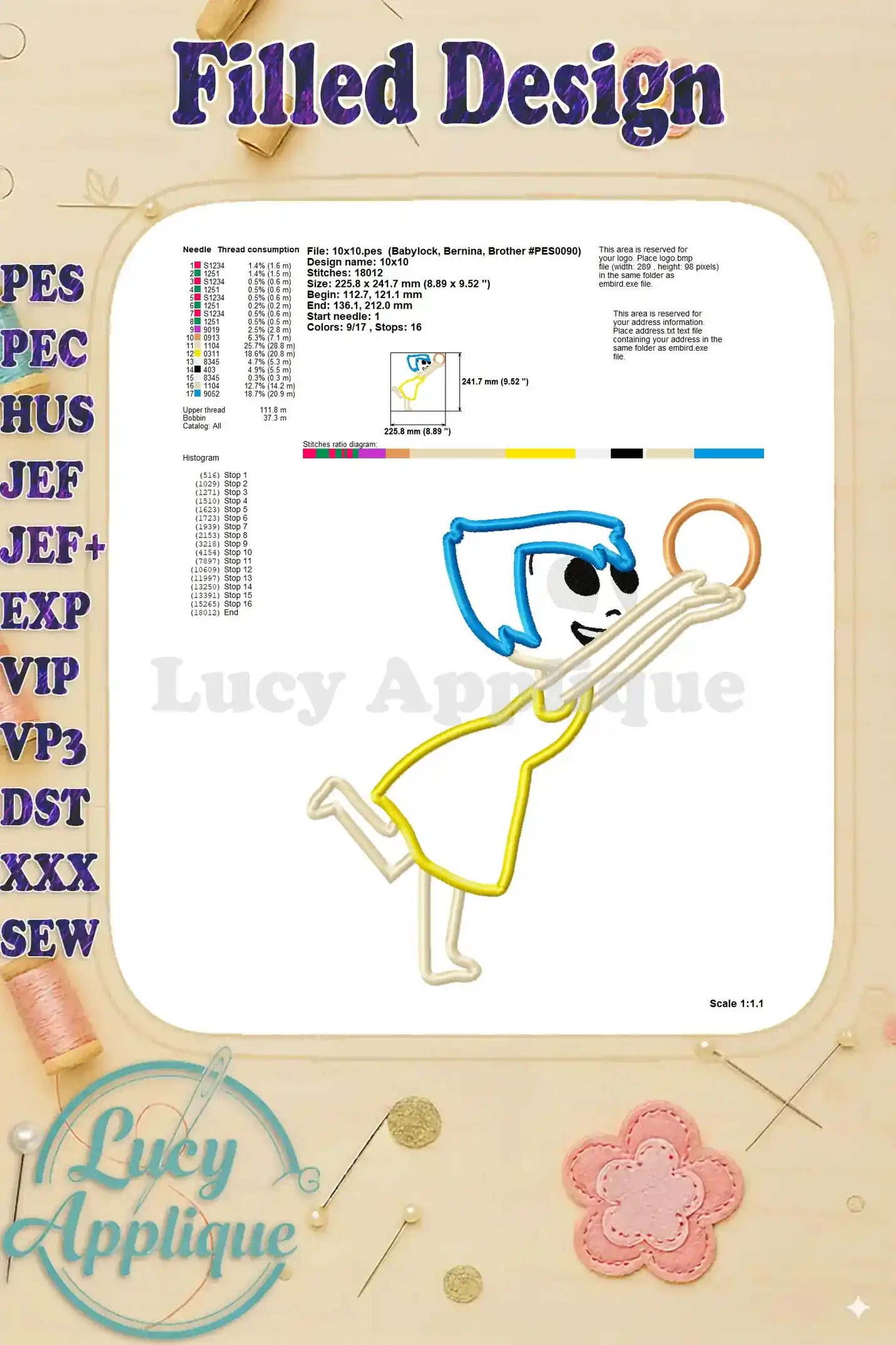 Detailed information on thread consumption, stitch count, and design dimensions for the Joy Inside Out applique design, providing crucial details for embroiderers.