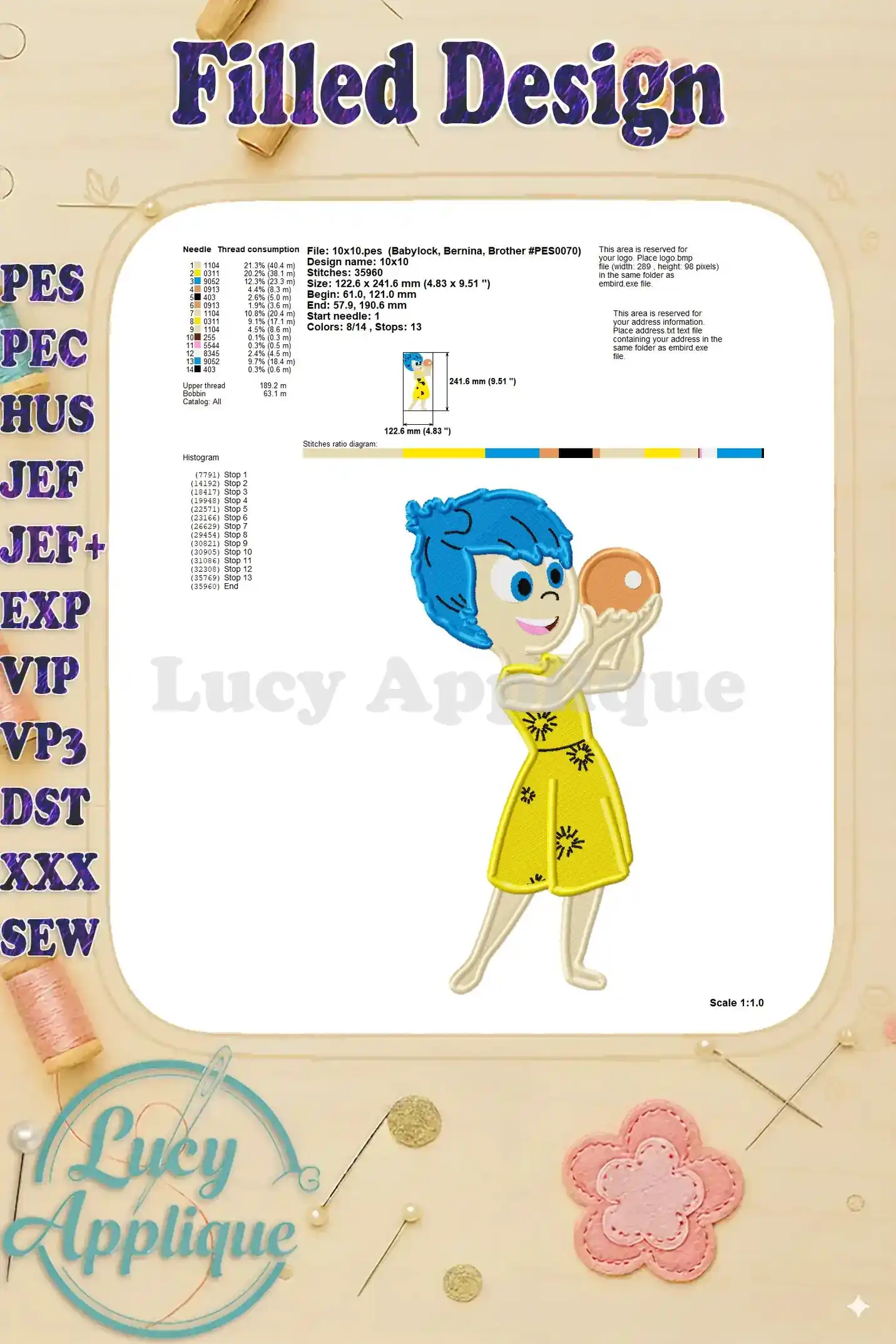 Design information and thread consumption details for the Joy Inside Out embroidery design, along with a small design preview.
