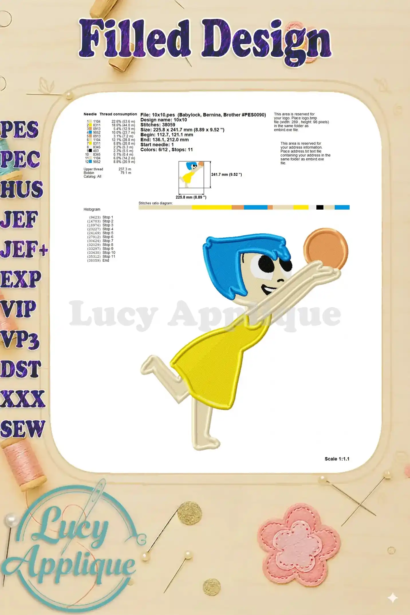 Detailed technical specifications for the Joy Inside Out Fill Embroidery design, including needle consumption, design size, stitch count, and start/stop points. A 1:1 scale is shown.