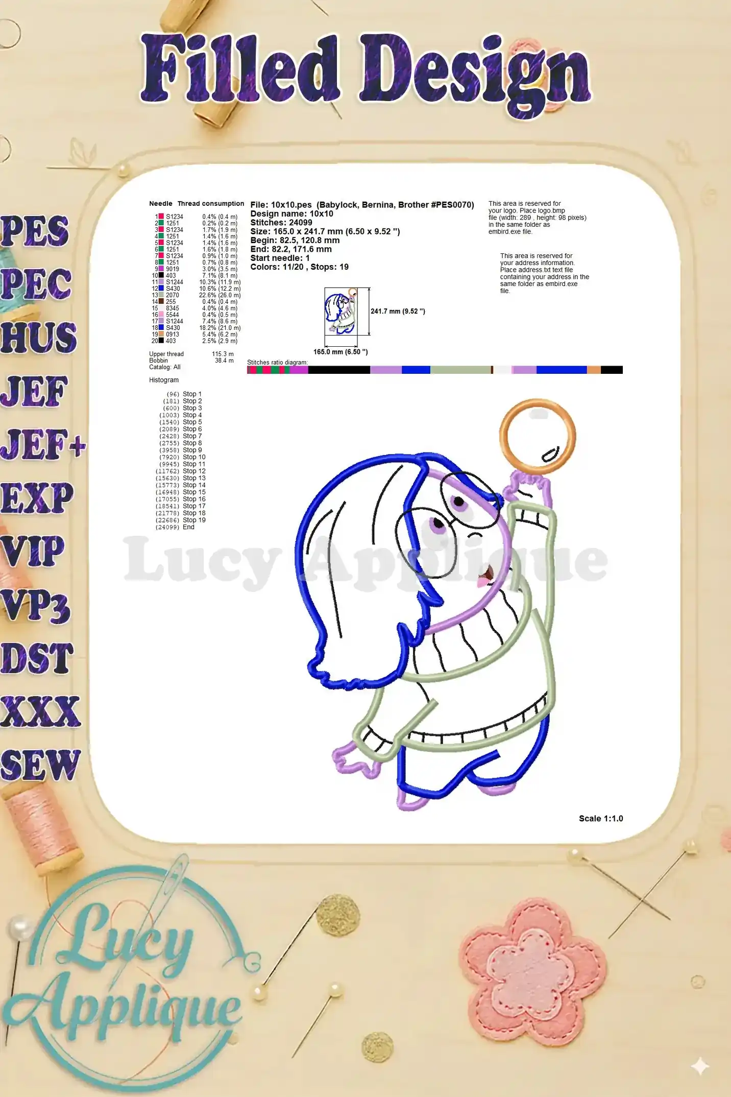 Detailed filled design worksheet for the Sadness Inside Out applique, including stitch diagrams, thread usage, and other essential information.