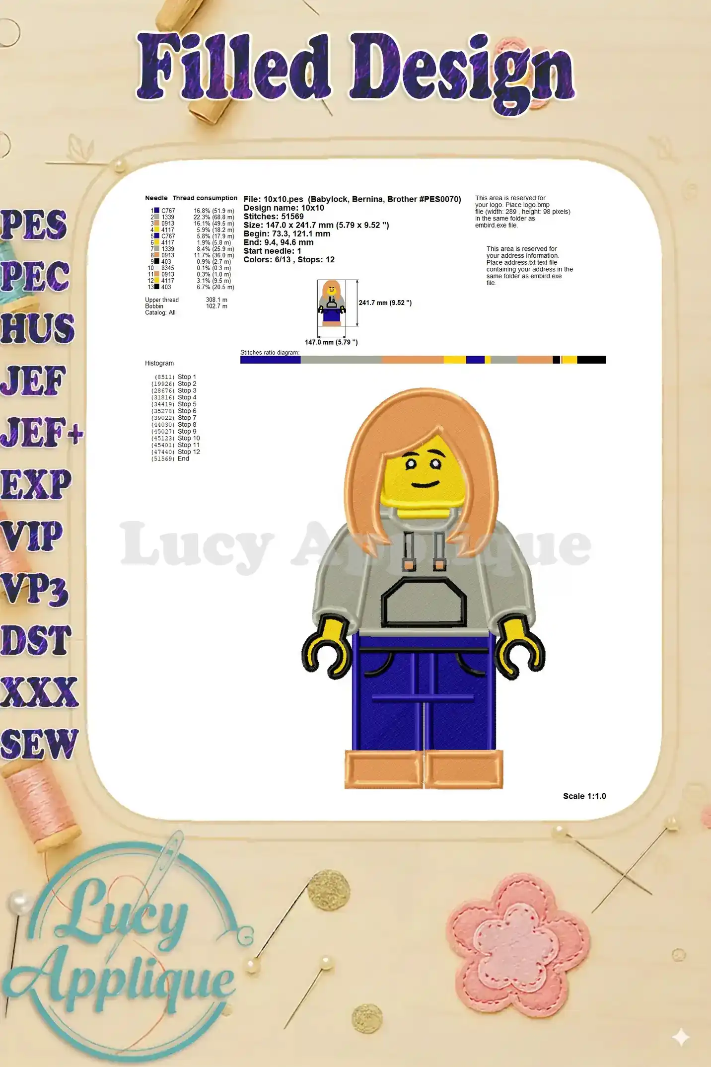Needle thread consumption chart and design specifications for the Lego filled embroidery design, providing essential information for the stitching process.