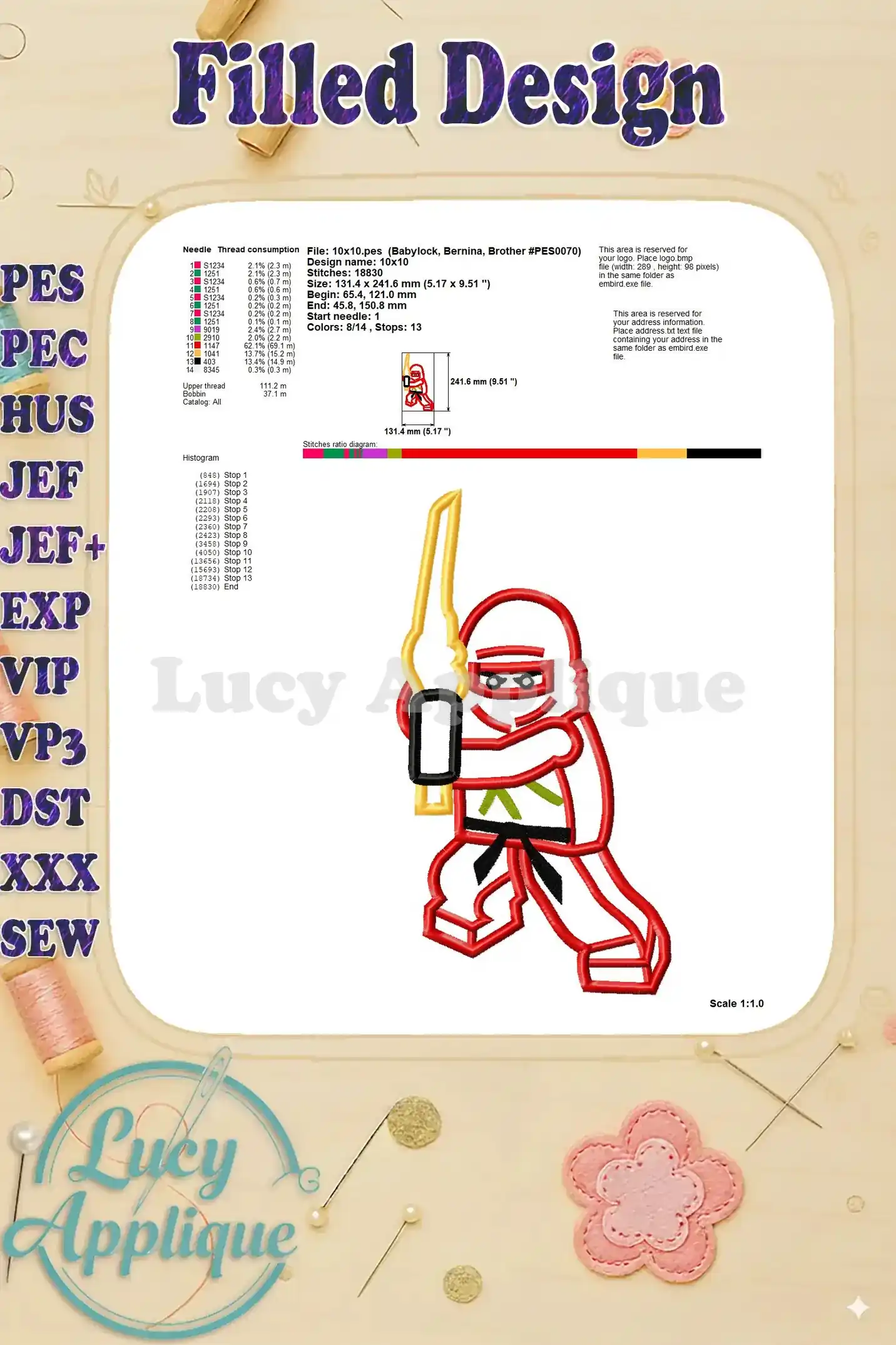 Detailed view of the filled Lego ninja applique embroidery design with dimensions and needle/thread information. Perfect for precise embroidery.