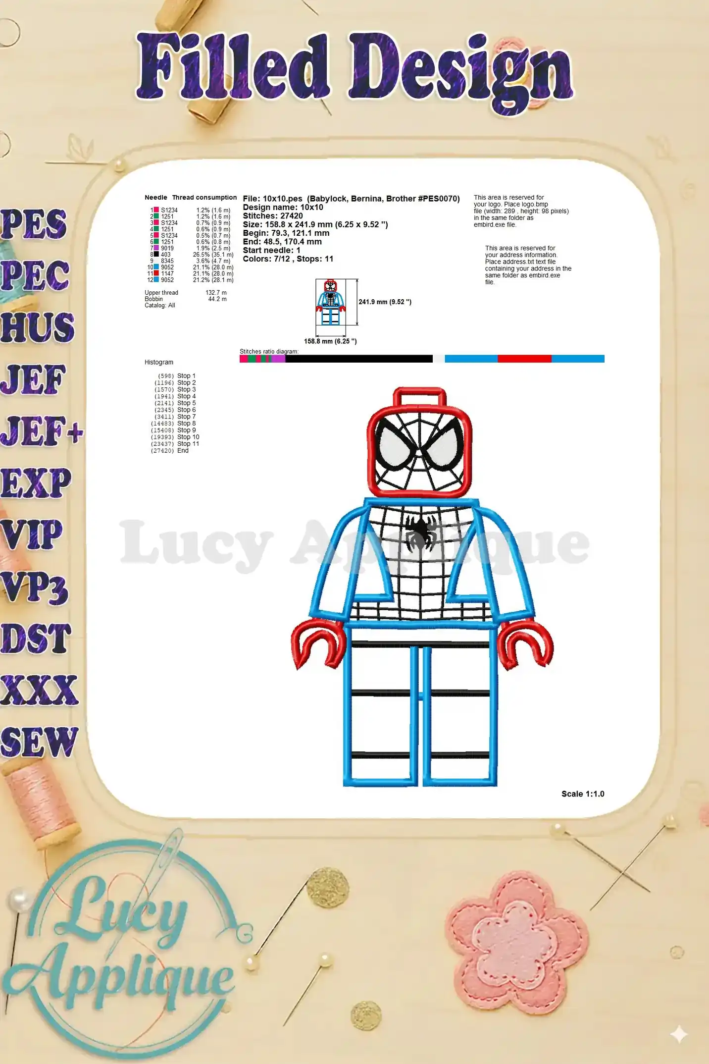 Needle thread consumption details for the Spider-Man Lego applique design. Includes information on stitch count and fabric size.