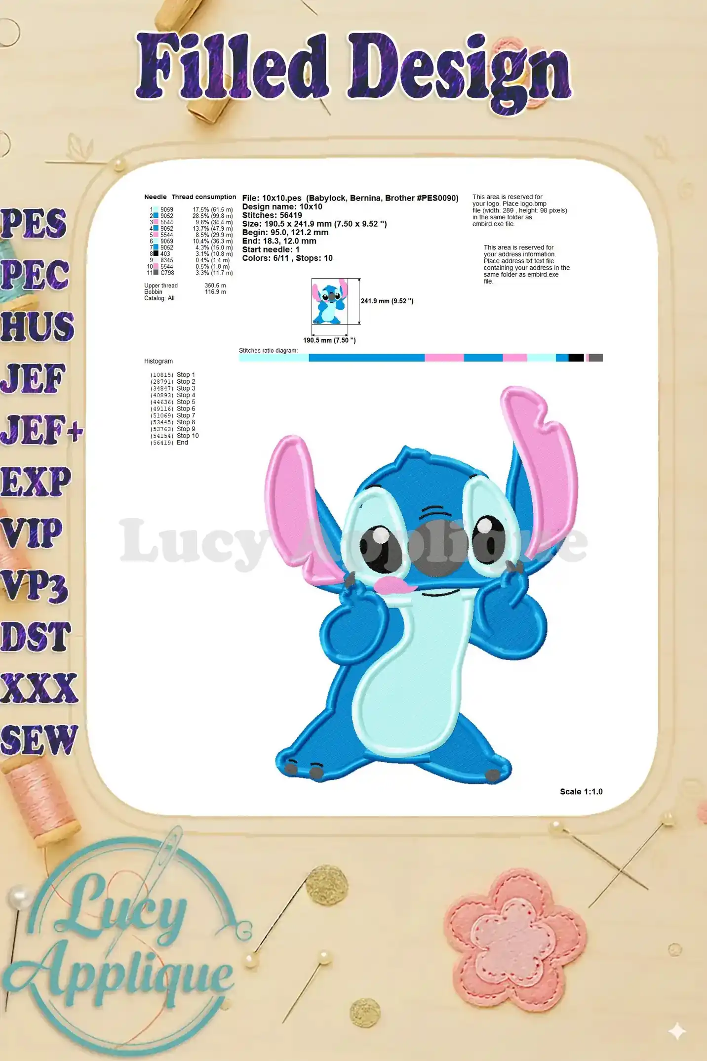Diagram showing thread consumption, needle size, and other technical details for the Lilo & Stitch embroidery design. Useful for preparation and planning.