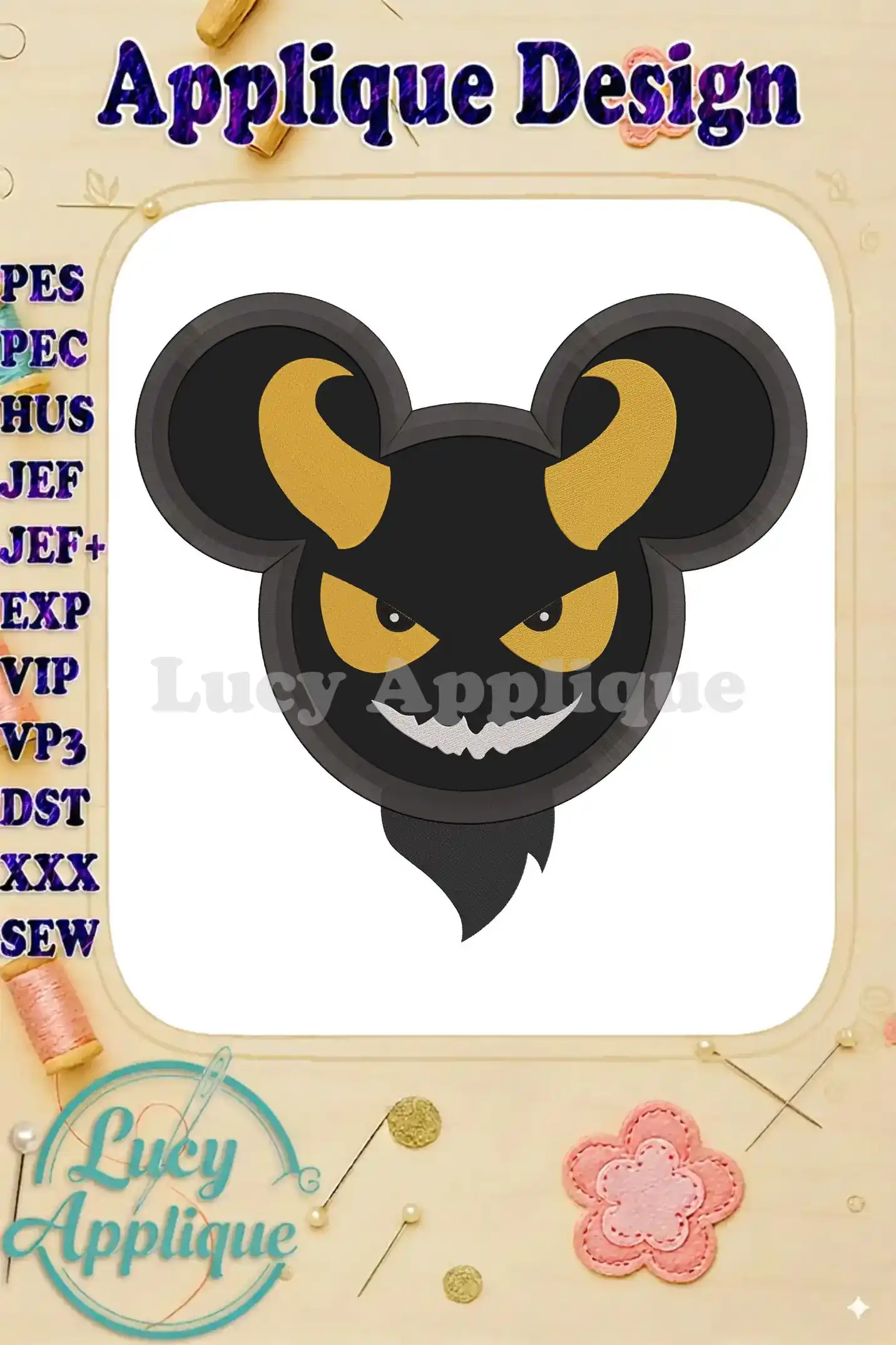 A mischievous black Mickey Mouse with devil horns and yellow eyes, presented as an applique embroidery design. The image includes a variety of file formats.