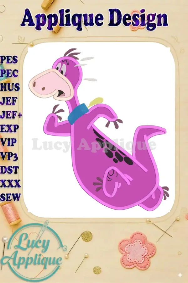 Applique design of Dino from The Flintstones, running, in purple, with a scared expression. The design is shown in a digital preview.