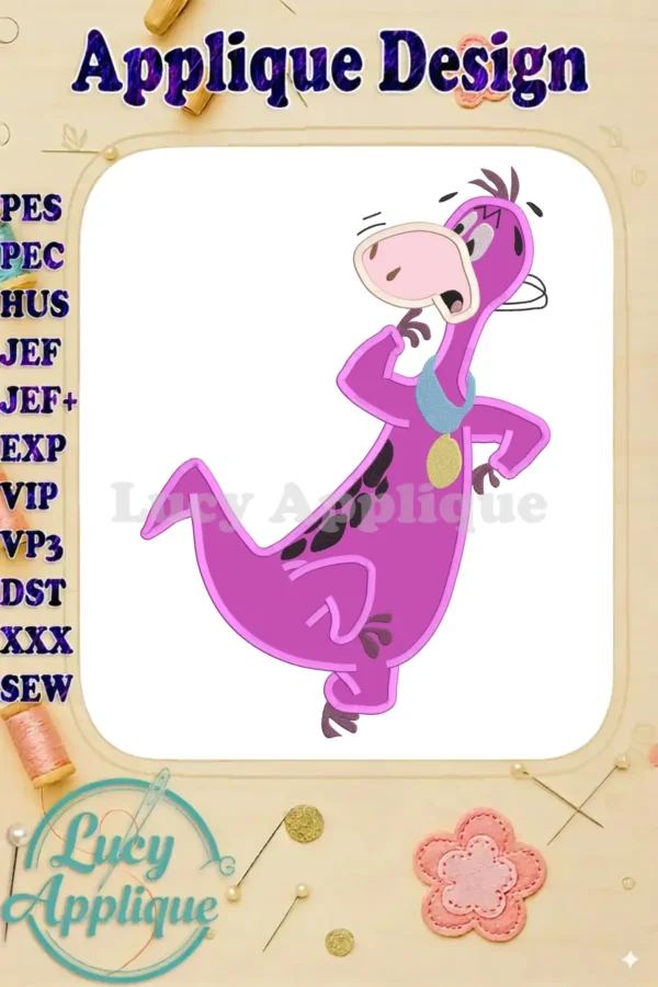 Dino, the purple dinosaur from The Flintstones, in an applique design, shown in a whimsical pose with a gold medal. This is a digital embroidery pattern.