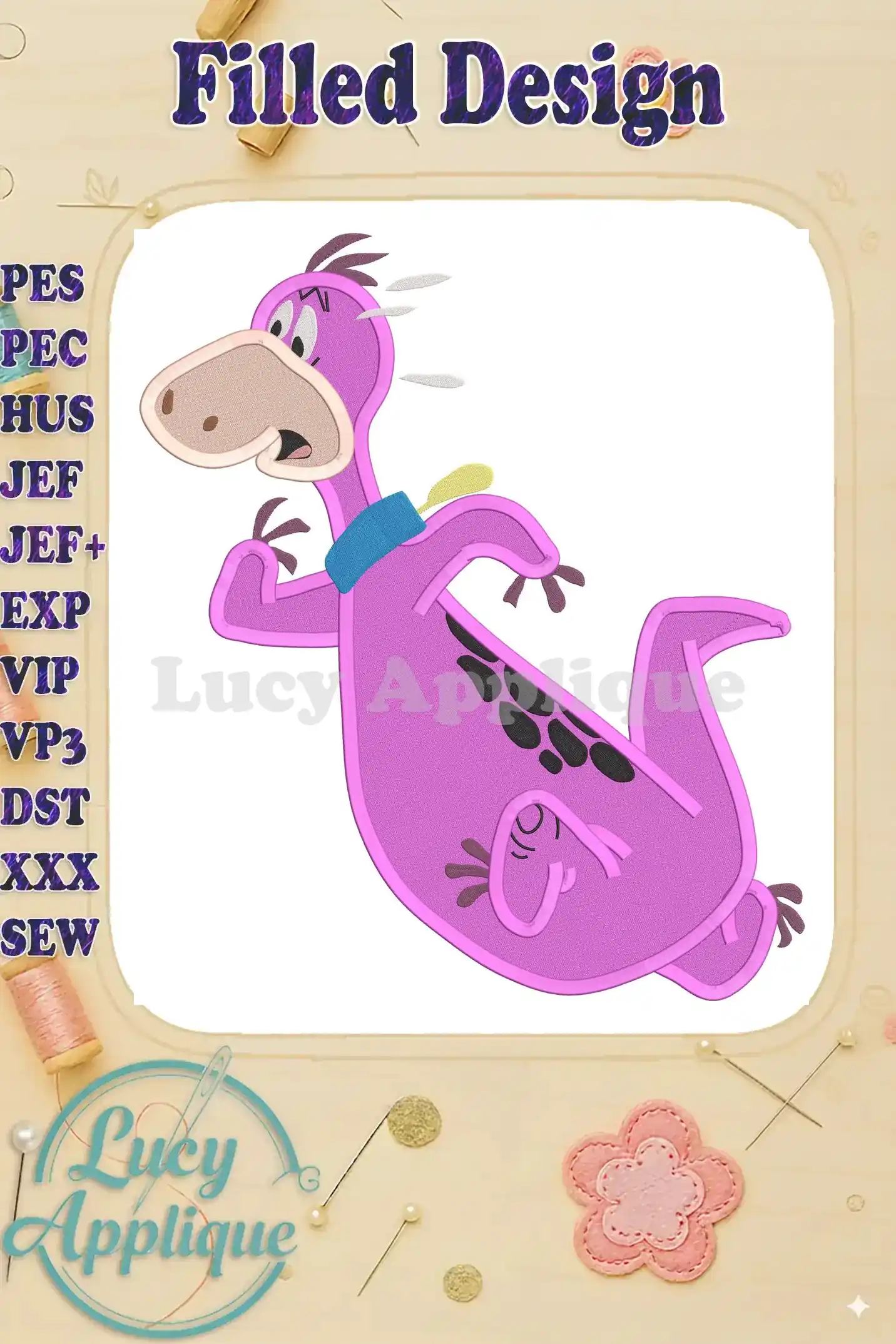 Embroidery design of Dino from The Flintstones, running, in purple, with a filled stitch style. The design is shown on a light-colored fabric, ready to be stitched.