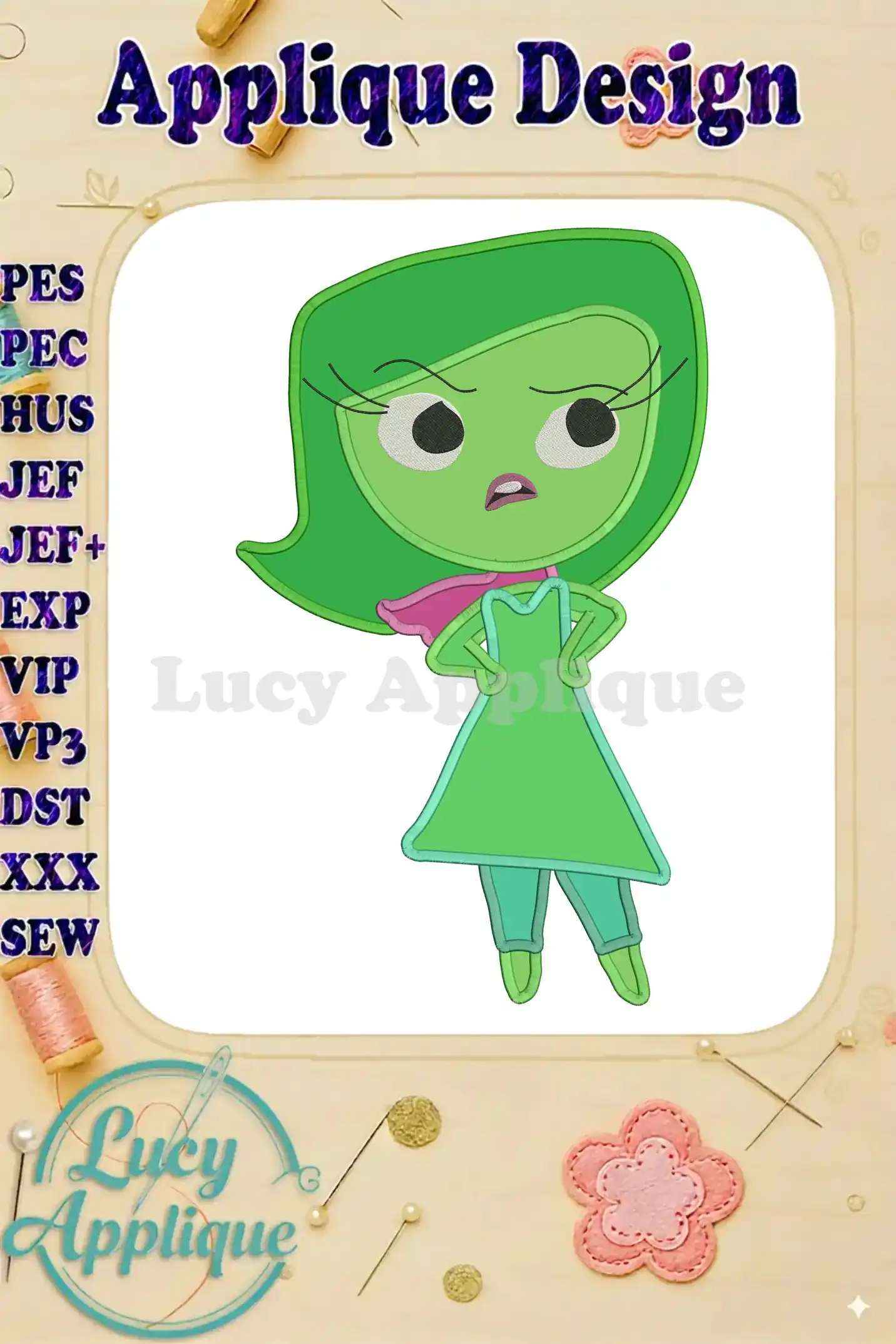Disgust from Inside Out, in applique style, ready to be embroidered. The design showcases the character's signature green dress and grumpy expression.
