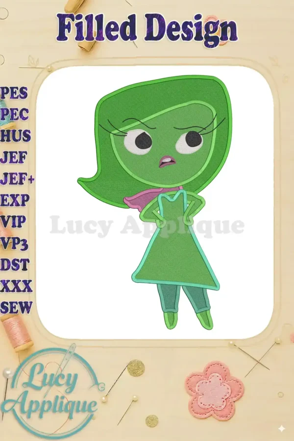 Embroidery design of Disgust from Inside Out, a filled design with bright green attire and purple accents, showcasing detailed facial features and a sassy pose.