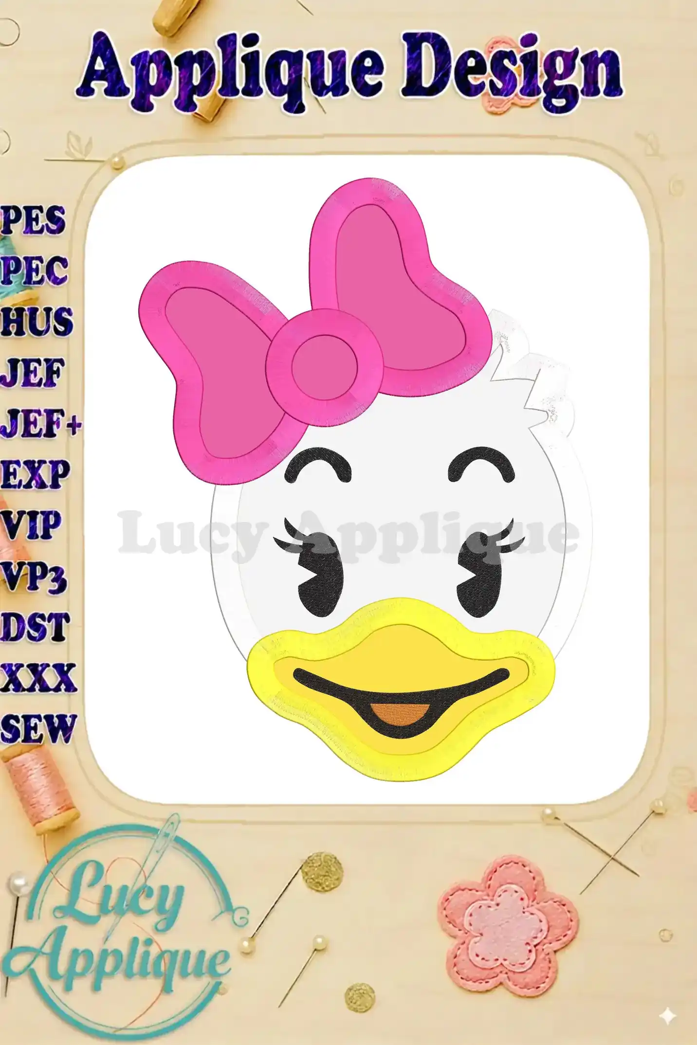 Daisy Duck face applique embroidery design, shown in pink and yellow, with a pink bow. The design is presented on a white background, surrounded by decorative elements. This is a digital design file.