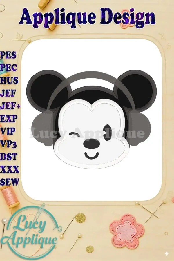 Adorable Mickey Mouse wearing headphones, depicted in an applique embroidery design. The image shows a charming cartoon style with a winking expression.