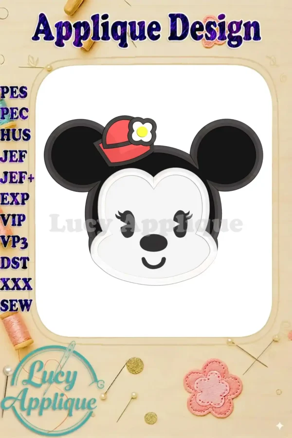 Minnie Mouse applique embroidery design in a cute, simplified style. The design is shown on a white background, ready to be stitched.