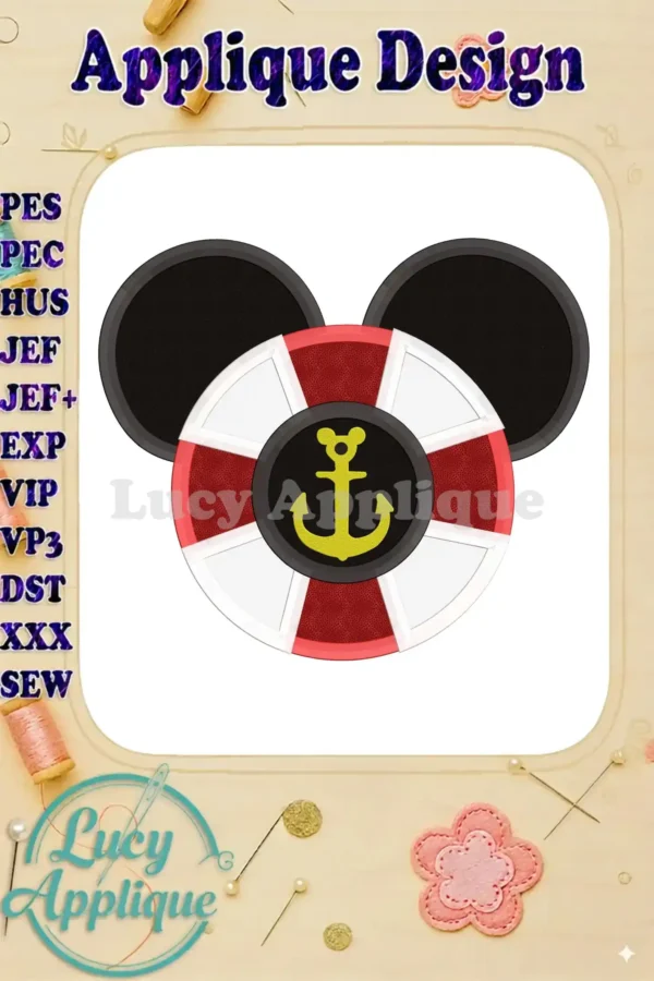 Mickey Mouse-shaped applique design featuring a nautical theme; anchor in the center, red, white, and black color scheme. Applique design.