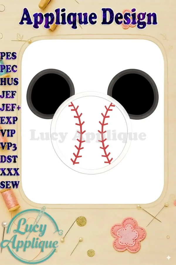 Mickey Mouse-shaped baseball applique embroidery design. Features classic Mickey ears and a baseball graphic. Perfect for apparel or home decor.