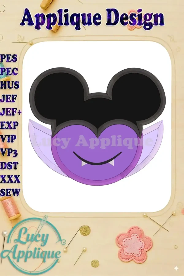 Adorable Mickey Mouse Halloween vampire applique embroidery design. This image showcases a purple Mickey with vampire fangs and ears, perfect for Halloween projects.