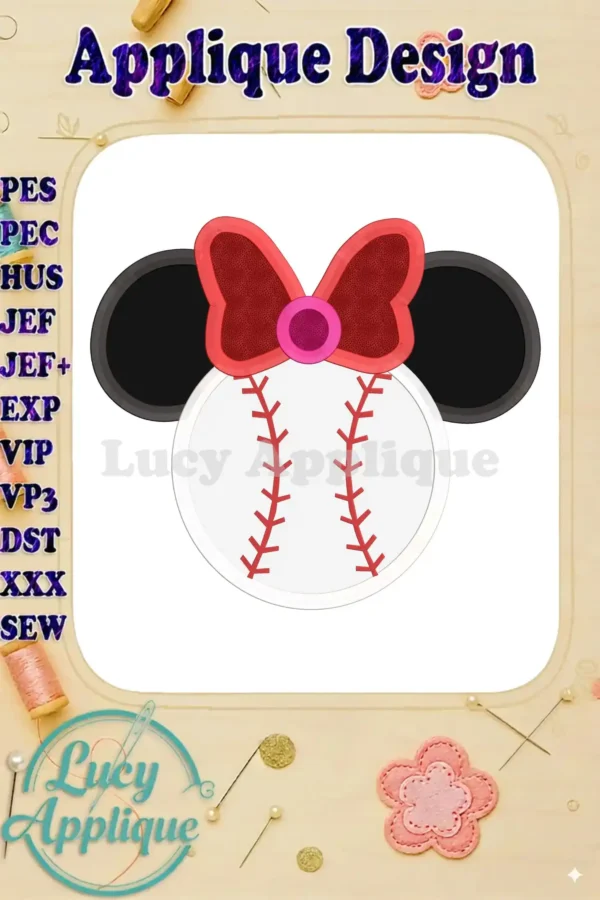 Minnie Mouse baseball applique embroidery design. Features Minnie's ears, a bow, and a baseball. Red, pink, and black color scheme.