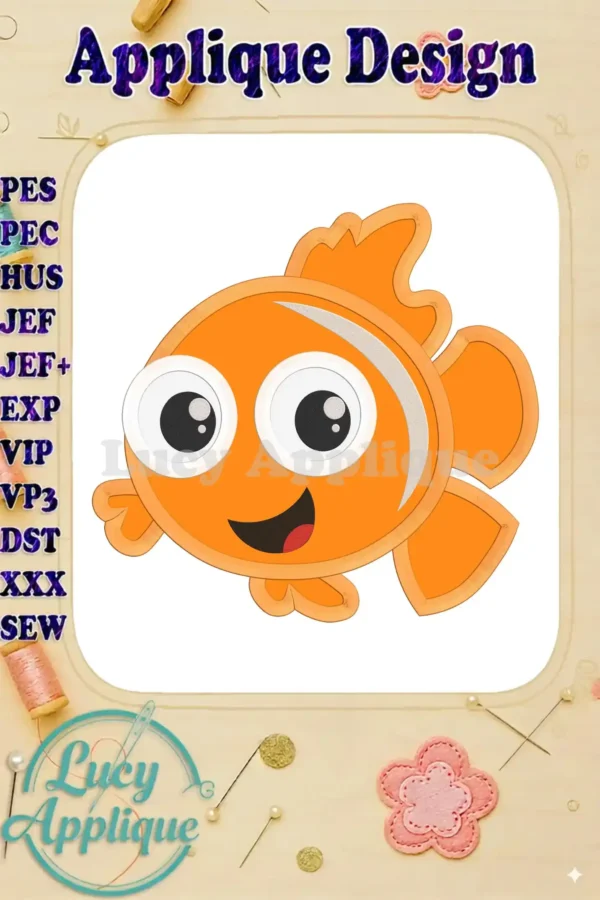 A charming applique design of Disney's Nemo, ready to be stitched. The image showcases the design's orange and white color scheme, along with various embroidery file formats.
