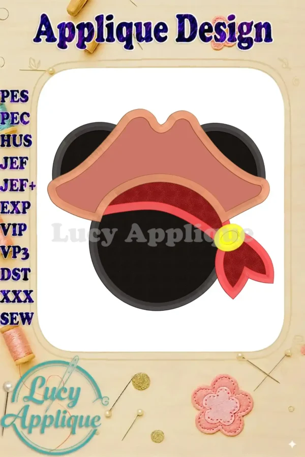 Adorable Mickey Mouse wearing a pirate hat applique embroidery design, shown on a white background. Various file formats are listed. Perfect for adding a Disney touch to your projects!