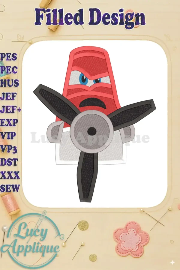 Embroidery design of Dusty Crophopper from Disney's Planes, showcasing a filled machine embroidery design with detailed features and vibrant colors. Perfect for adding a whimsical touch to any project.
