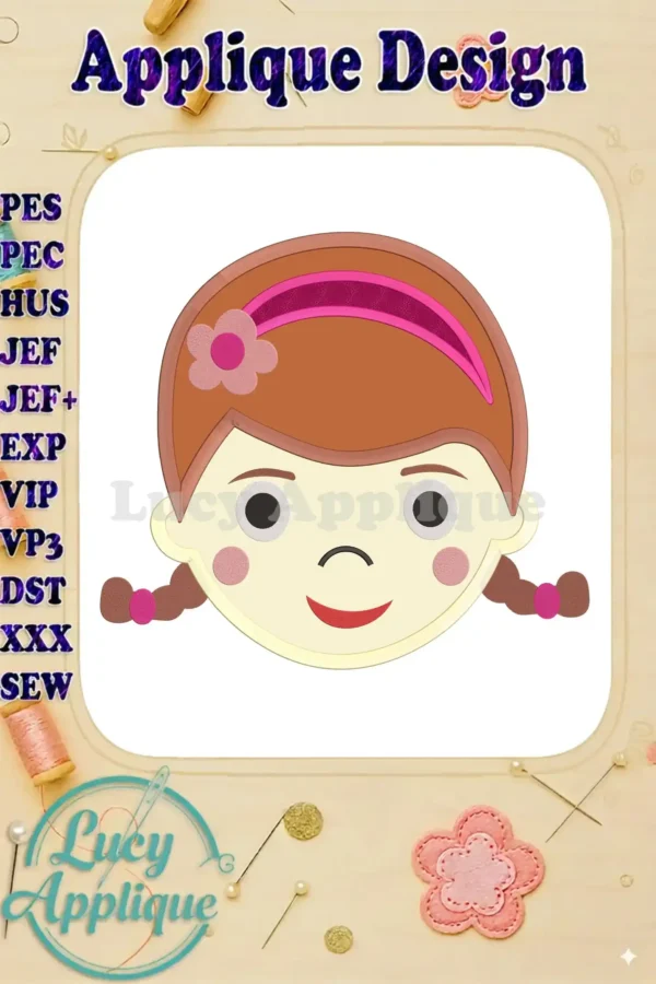 Doc McStuffins applique embroidery design showcasing her face with a pink headband and pigtails. The design is presented on a white background with various file formats listed.