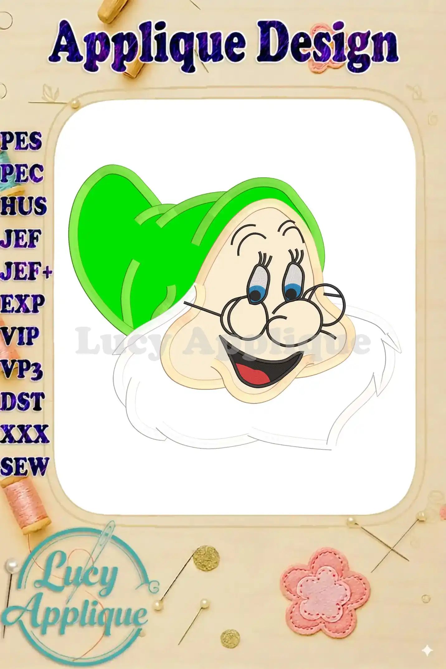 Main image showcasing a charming applique design of Doc, one of Snow White's seven dwarfs, with a bright green hat. Detailed stitching and a friendly expression are visible.