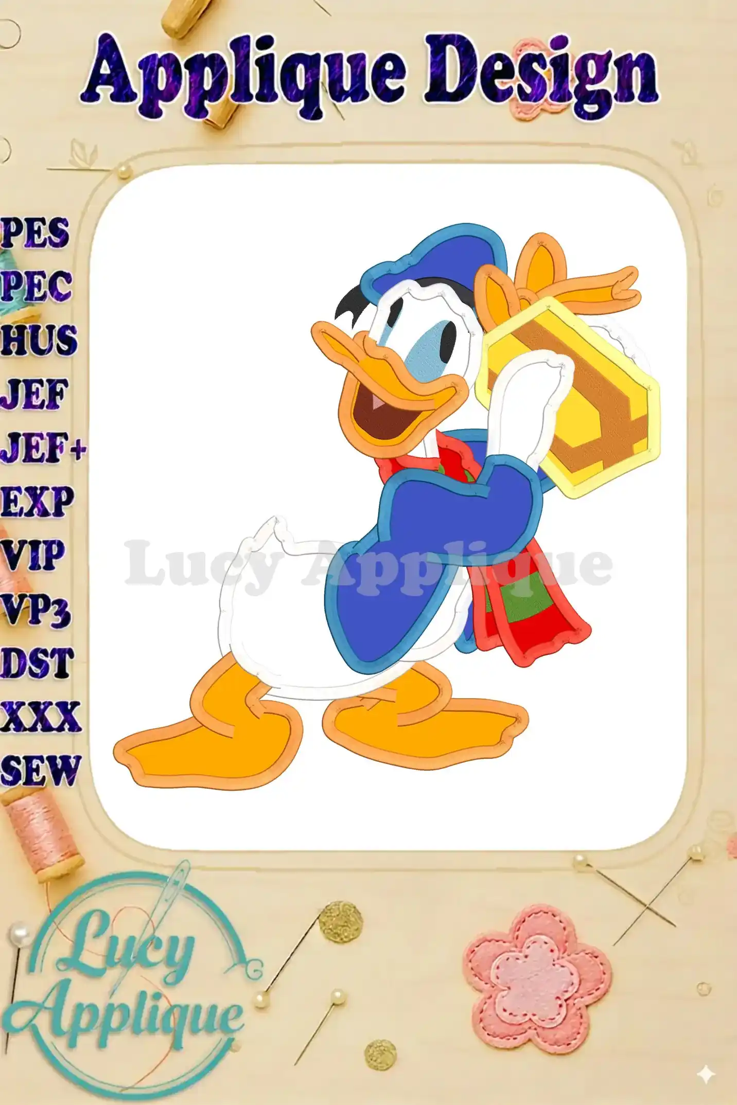 Embroidery design of Donald Duck carrying a gift, perfect for birthdays. Includes various file formats for different embroidery machines.