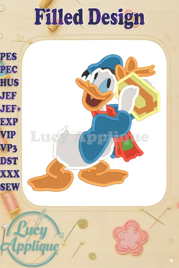 Embroidery design of Donald Duck carrying a gift, perfect for a birthday. The design is in a filled stitch style and is shown on a light beige background.