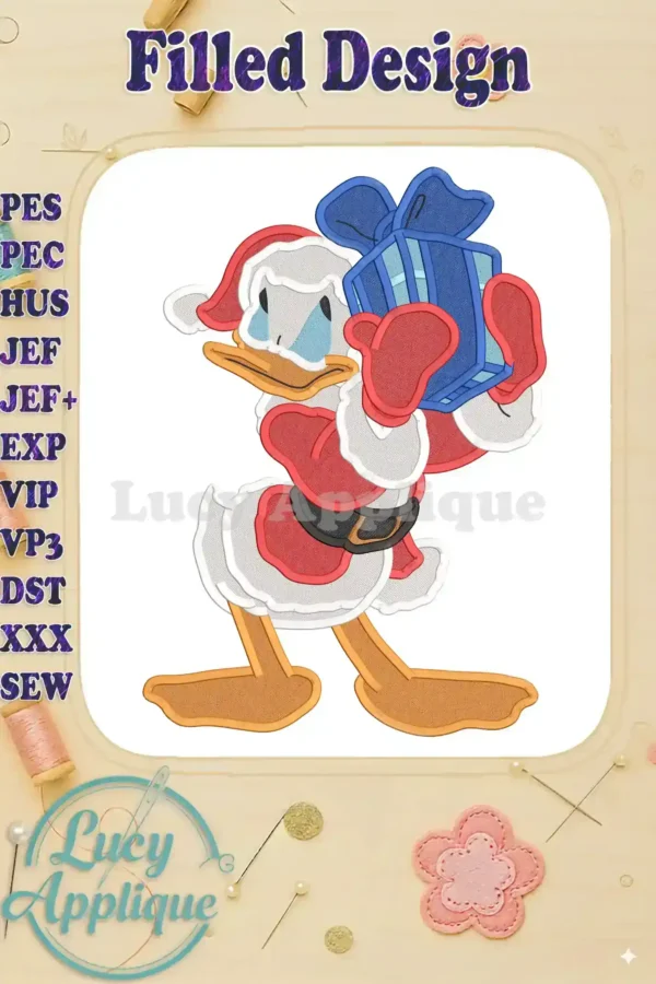 Embroidery design of Donald Duck dressed as Santa, carrying a large gift. Perfect for adding a festive touch to your projects. Filled stitch design.