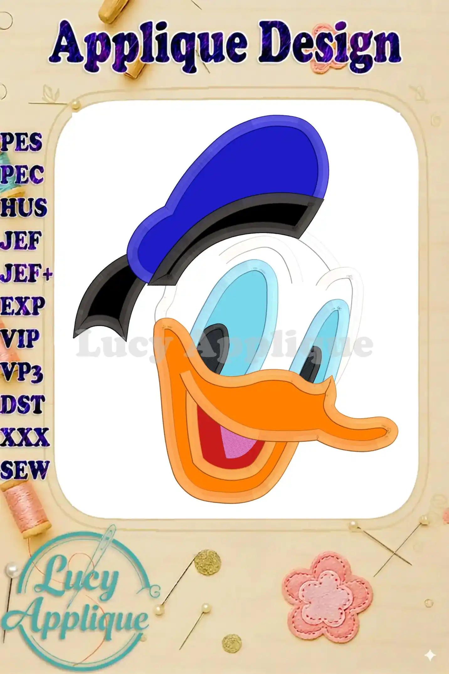 Donald Duck head applique embroidery design in multiple formats. Includes color chart and detailed instructions for easy stitching. Perfect for beginners!