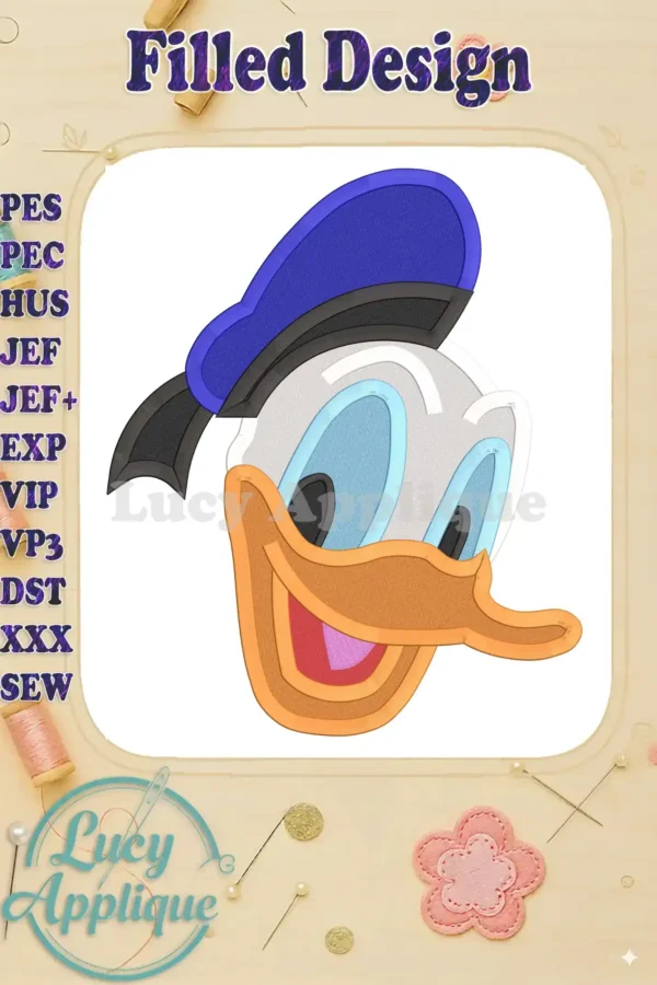 A charming filled embroidery design of Donald Duck's head, showcasing his iconic sailor hat and bright expression. Perfect for adding a Disney touch to your projects!
