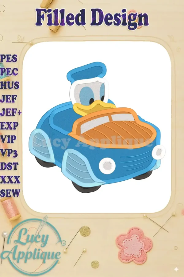 Embroidery design of Donald Duck driving a blue roadster. Filled stitch design, shows detailed features of the cartoon character and car.
