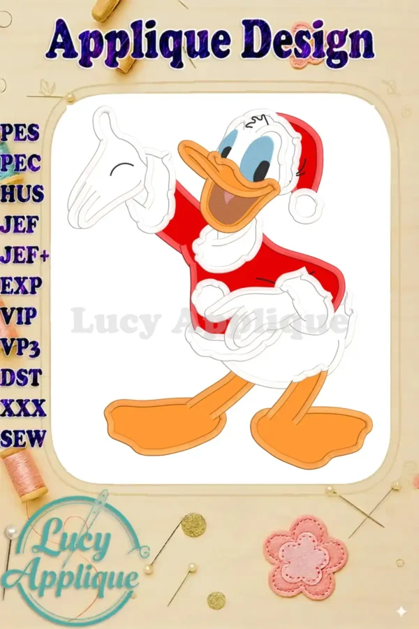 Applique design of Donald Duck dressed as Santa Claus, waving. The design is presented on a white background with a decorative border.