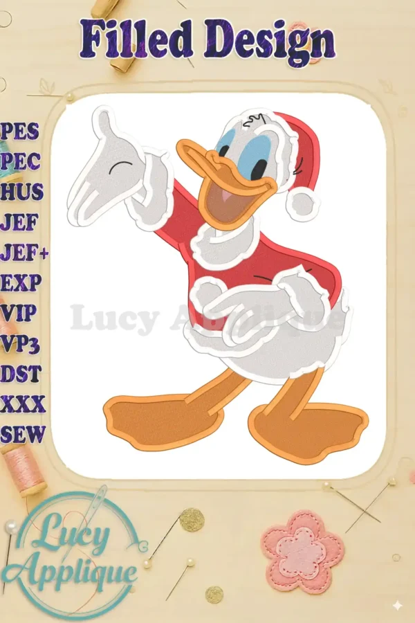 Embroidery design of Donald Duck in a Santa suit, pointing with one wing. The design is filled, showcasing vibrant colors and fine details. Perfect for Christmas projects.