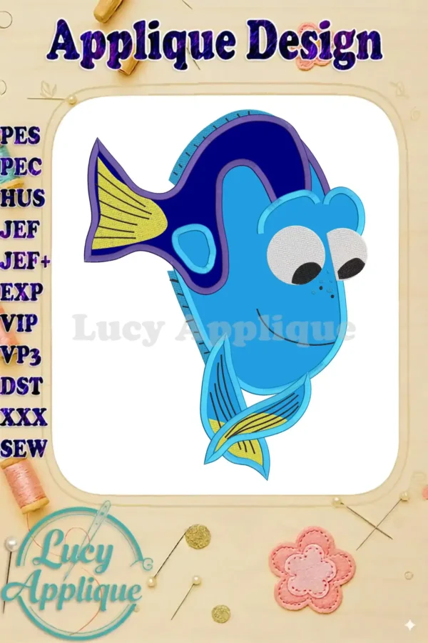 Embroidery design of Dory from Finding Nemo, shown as an applique. The design is colorful and cheerful, perfect for adding to various projects.