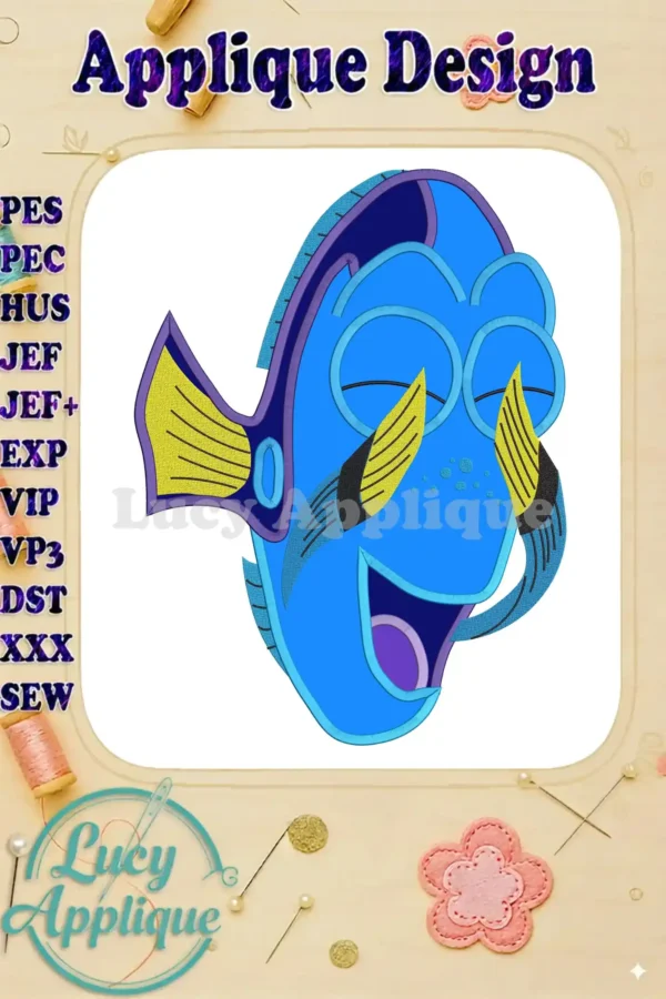 Embroidery design of Dory from Finding Nemo, smiling with her fins up. Applique design in various formats like PES, PEC, HUS, JEF, JEF