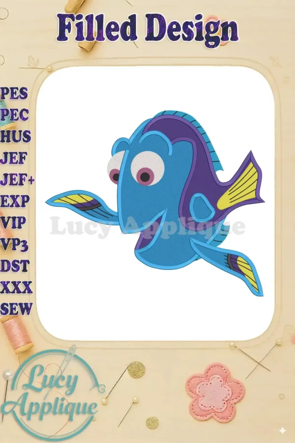 Embroidery design of Dory from Finding Nemo, a cheerful blue tang fish with fins and tail. The design is presented on a white background with embellishments.