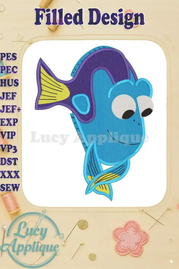 Embroidery design of Dory from Finding Nemo, a filled design with vibrant blue, yellow, and purple colors, shown on a light background with sewing elements.